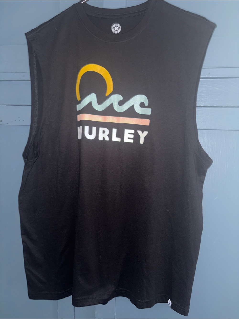 Hurley Black Sleeveless Swim Top with Yellow, Teal & Peach Graphic